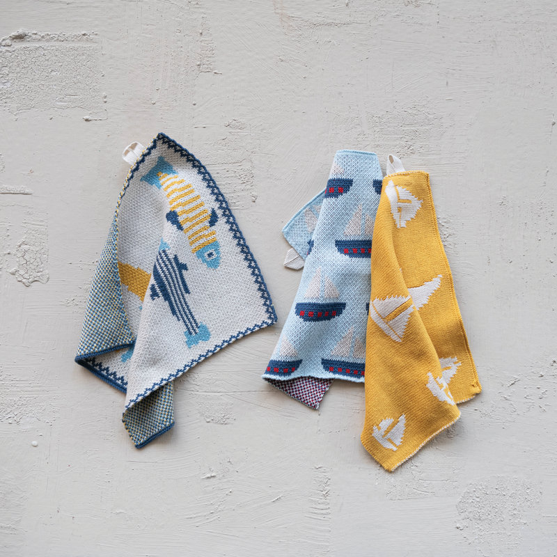Cotton Knit Dish Cloth w Fish/Boat Pattern