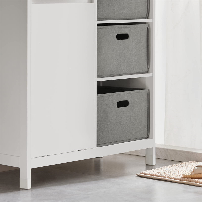 White MDF Laundry Sorter Cabinet with Gray Fabric Baskets