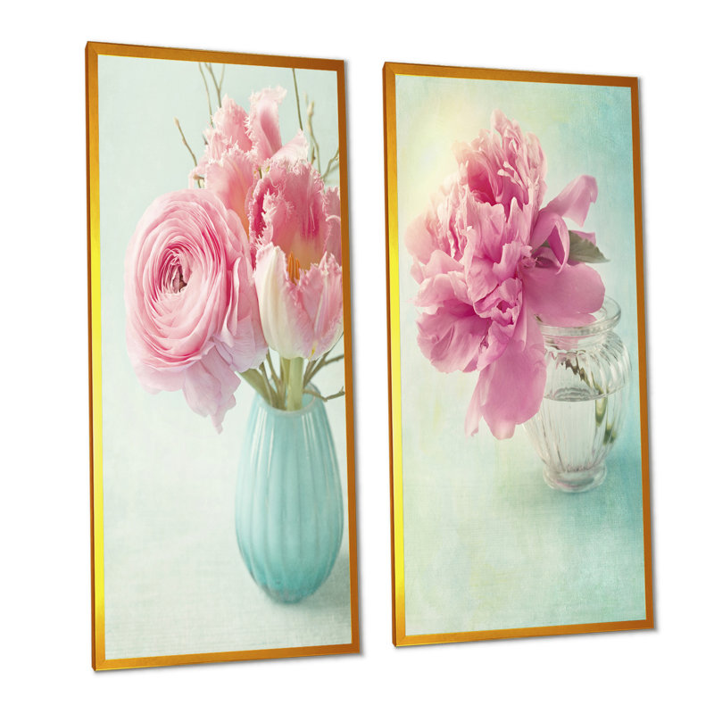 Fleurs de pivoines roses dans un vase - Ensemble de 2 peintures sur toiles, H 32 po x l 32 po x P 1 po, Cadre photo doré