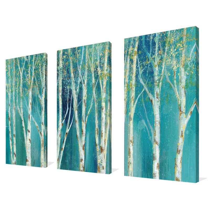 Birch on Blue - Ensemble de 3 peintures sur toile tendue, H 32 po x l 48 po x P 0,75 po