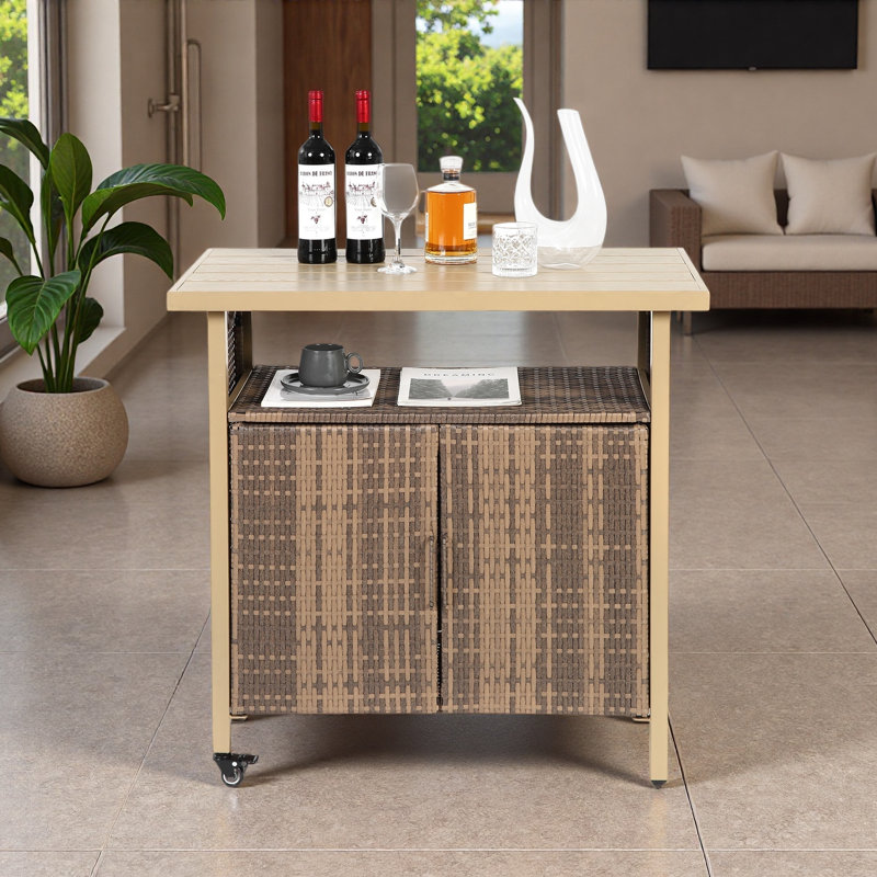Outdoor Wicker Bar Cart, Patio Wine Serving Cart W/Wheels , Rolling Rattan Beverage Bar Counter Table W/Glass Top For Porch Backyard Garden Poolside Party