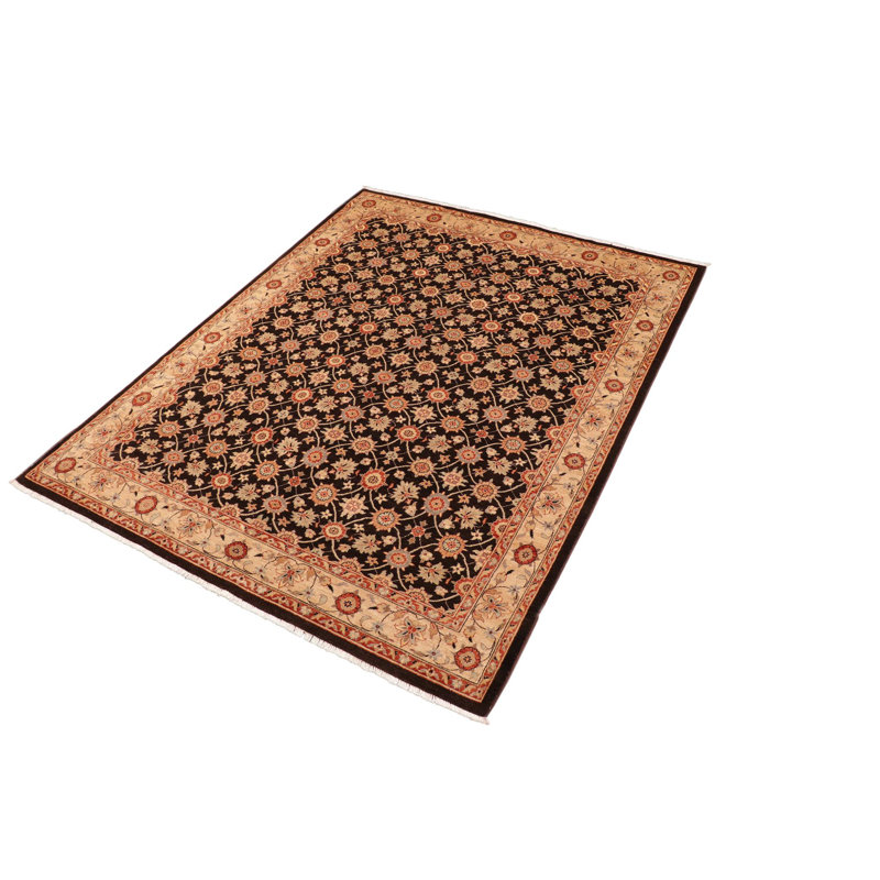 Tapis brun floral en laine noué à la main 7 pi 11 po x 9 pi 10 po Floral