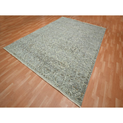 8'10"x12' Misty Gray, Antique Finish, Erased and Broken Garden Design, Hand Knotted, Natural Wool, Zero Pile, Cropped Thin, Oriental Rug