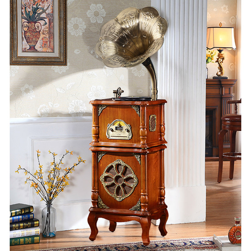 Gramophone en bois massif rétro de style européen avec haut-parleur corne et Bluetooth