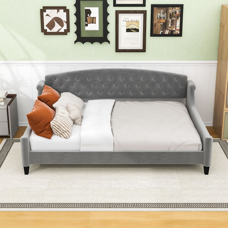 Full Size Upholstered Daybed with Button-Tufted Backrest, Gray