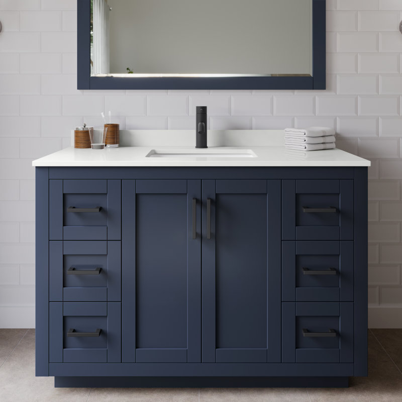 Miranda 48" Freestanding Single Bathroom Vanity with Quartz Top, Dark Blue, White Quartz, Matte Black