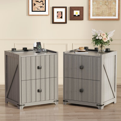 2pcs Night Stand Set 2 With Slidable Charging Station,bedside Table With 2 Drawers,farmhouse End Table And Nightstand,small Side Table For Bedroom,liv