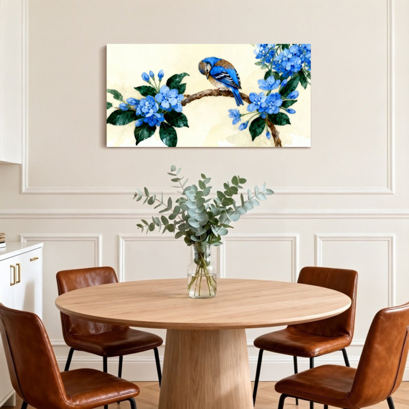 Animaux, oiseau bleu perché sur une branche en fleurs, H 24 po x l 48 po