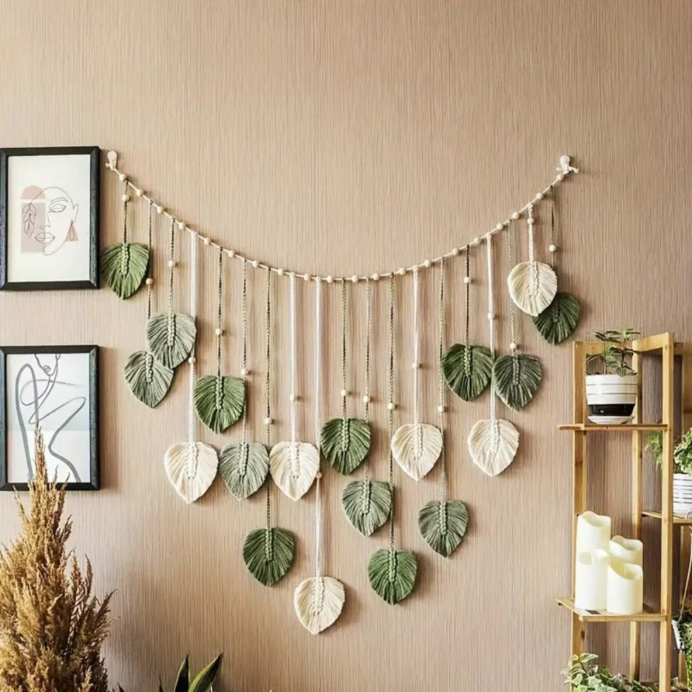 Dakota Fields Elegant Bohemian Leaf & Feather Wall Hanging - Modern Woven Tapestry In Mixed Green, White, And Beige - Ideal For Home Decor And Gifts For Mom, Boho Decor | Wayfair