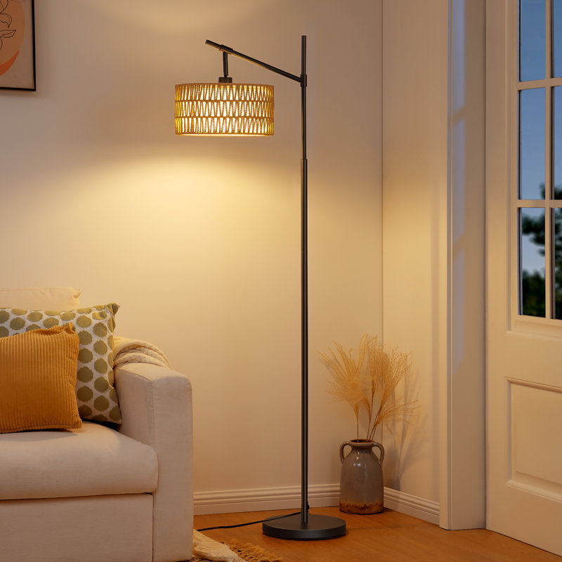 Lampe sur pied en rotin arqué 63,7 po avec ampoule et télécommande incluses
