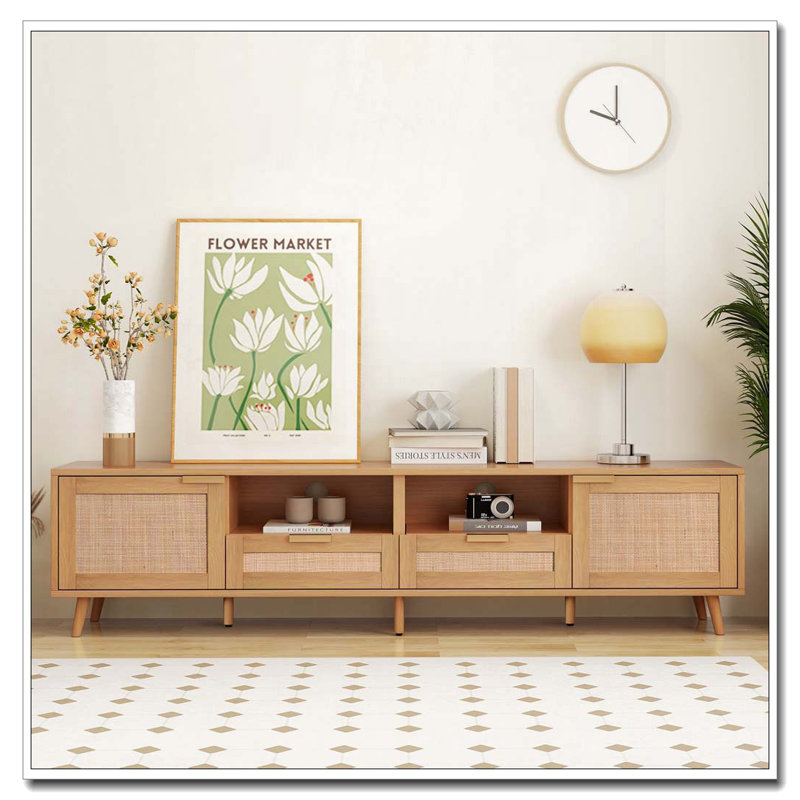 Farmhouse Media Console Rattan TV Stand for TVs up to 85'' with Solid Wood Legs, TV Cabinet for Living Room, Black/Natural