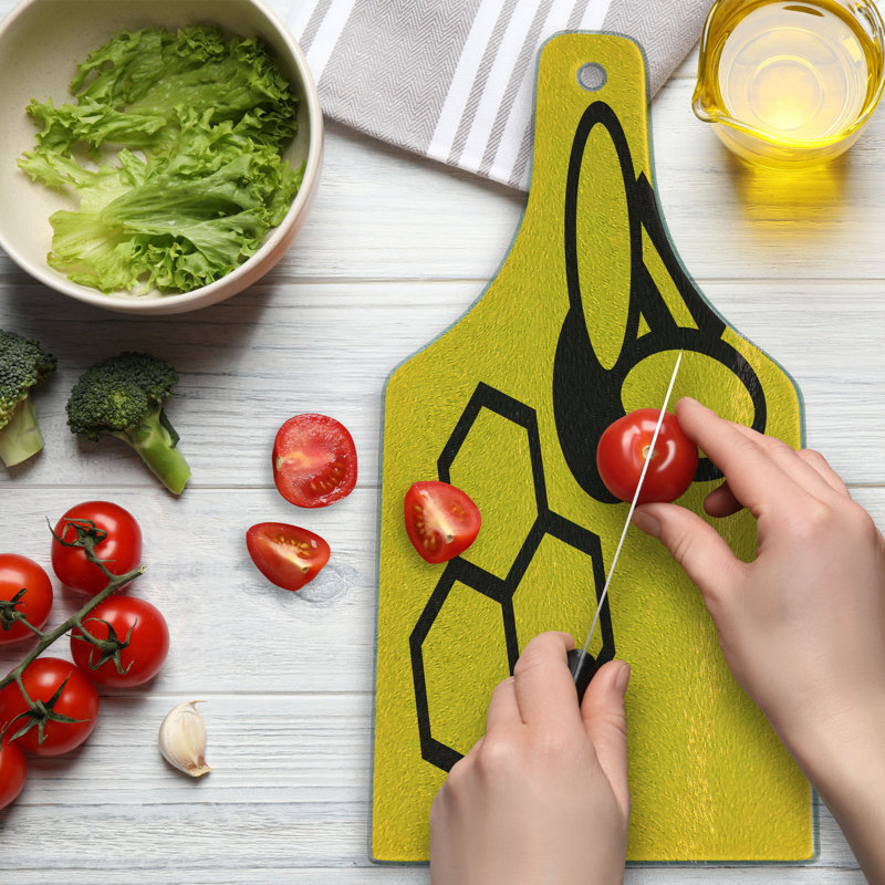 Ambesonne Honeycomb Tempered Glass Cutting Board Hexagons with Bee Simple Yellow and Black