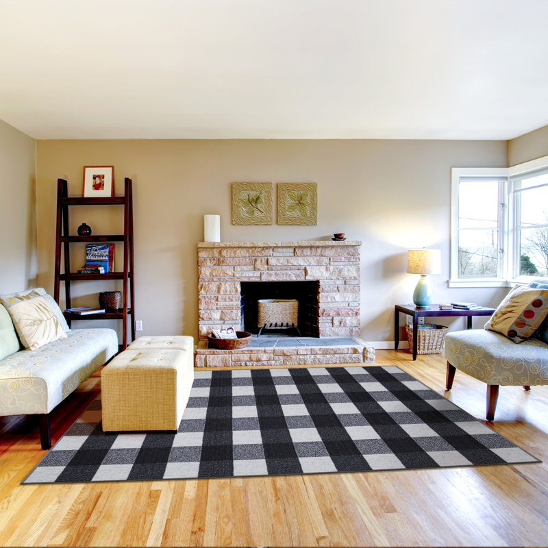 Non-Slip Checkered Plaid Area Rug For Living Room, Hallway Runner, Entryway Rug, Black/Gray/White, Rectangle 5' x 6'6"