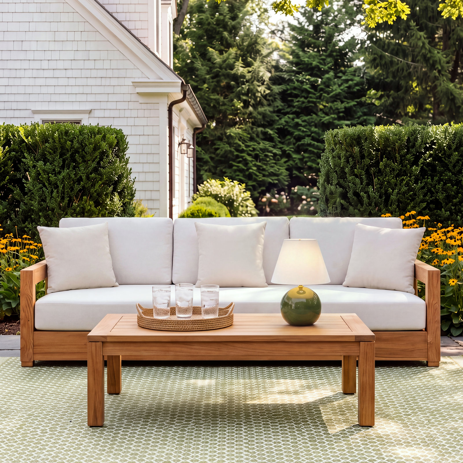 Melrose 77" Teak Patio Sofa, Beige Melrose