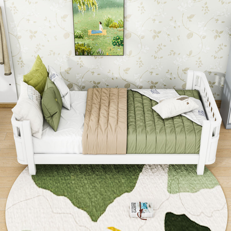 Multifunctional Wooden Platform Bed with Removable Rails, Twin, White