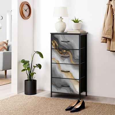 Commode pour la chambre à coucher Commode pour la chambre à coucher Accents de marbre gris or noir Tons de tourbillons lisses Courbes douces Commodes et commodes de rangement en tissu avec bacs de rangement à 4 tiroirs