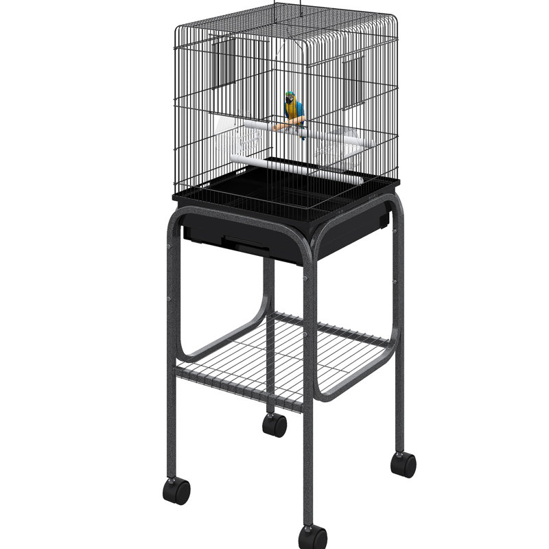 Cage à oiseaux en métal noir pour perroquets - Volière spacieuse avec support amovible, espace de rangement et perchoirs - Zone de plaisir alimentaire pour perroquets de 114 cm