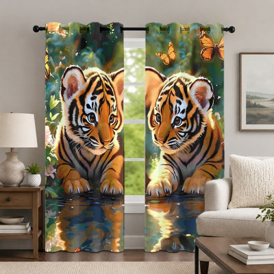 2Pcs rideaux tigre et papillon, rideau à imprimé animal sur le thème de la nature, drapeaux à oeillets Scène de forêt vibrante, habillage de fenêtre pour le décor de la chambre à coucher