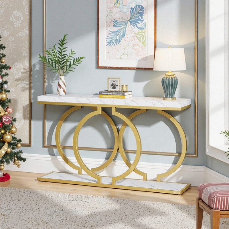 Console moderne en faux marbre 55,1 pouces avec base géométrique en métal