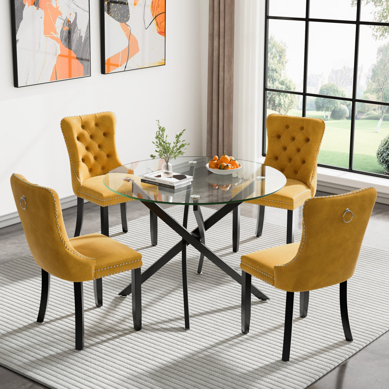 36" Glass Dining Room Table Set for 4, 5-Piece Round Black Dining Table with Metal Legs,  4pcs Velvet Upholstered Chairs with Wood Legs, Glass Kitchen Table and Chairs Set