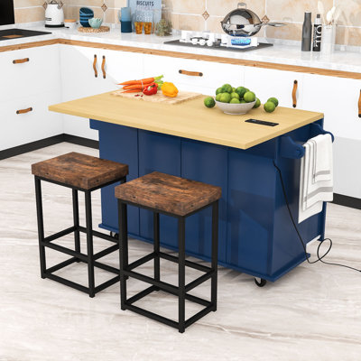 Kitchen Island Set with Drop Leaf, 2 Seating Stools, Storage Drawers and Cabinet by Lark Manor