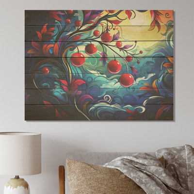 Cerisier rouge et bleu au coucher du soleil - Cerisier sur bois