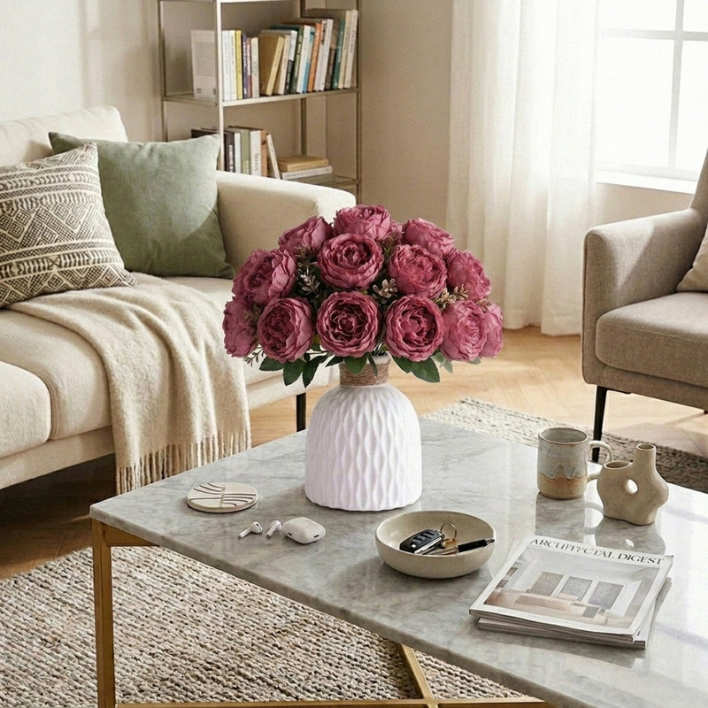 Pivoines artificielles en soie dans un vase, décoration florale pour centre de table de mariage Boho, Rose millennial