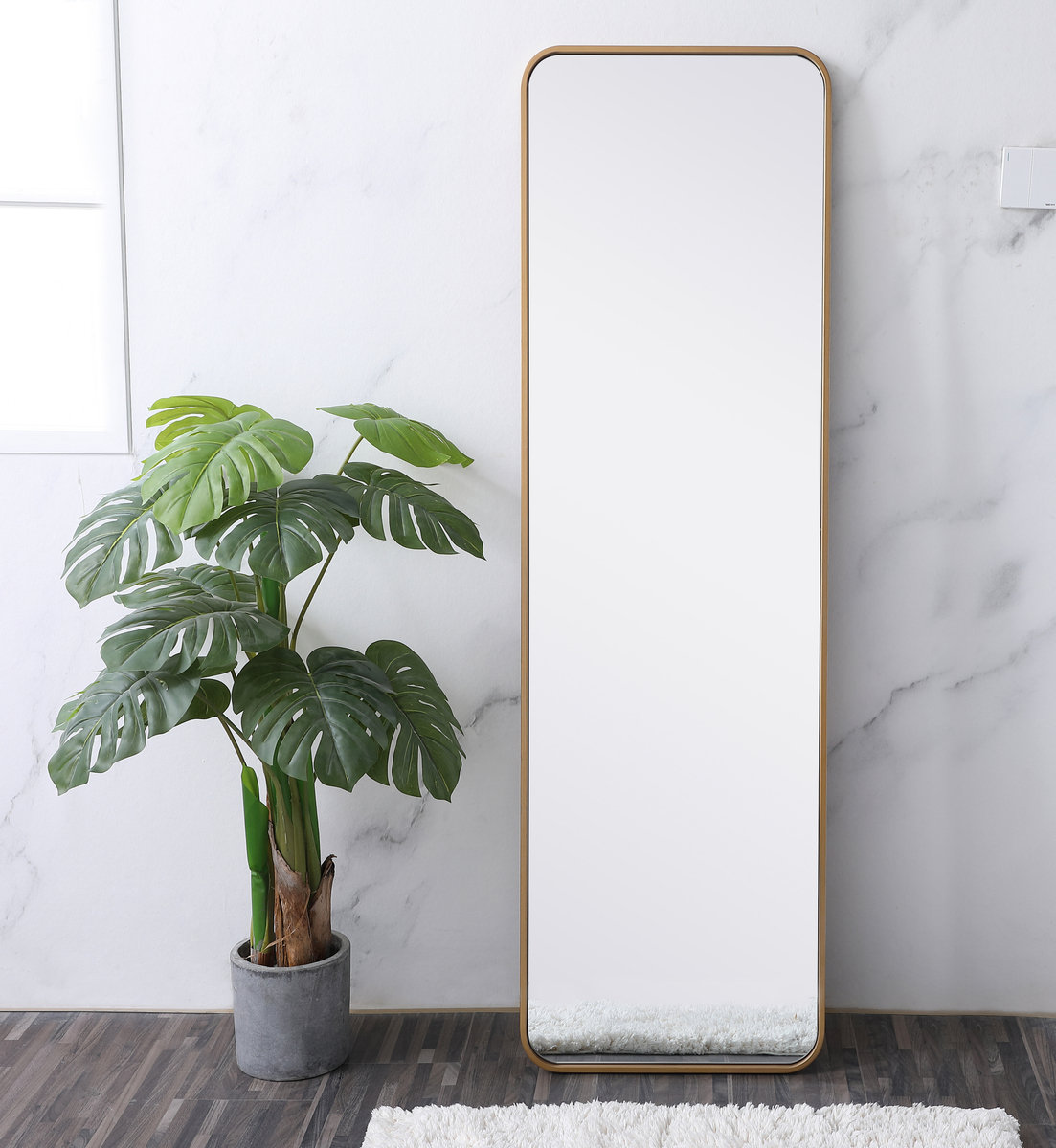 Sabine Metal Rounded Rectangle Wall Mirror, Brass, 60" x 18"
