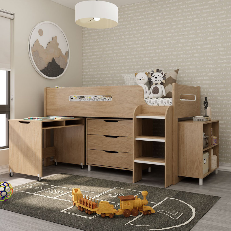 Mid Sleeper 04 with desk, drawers and bookcase in Oak Style