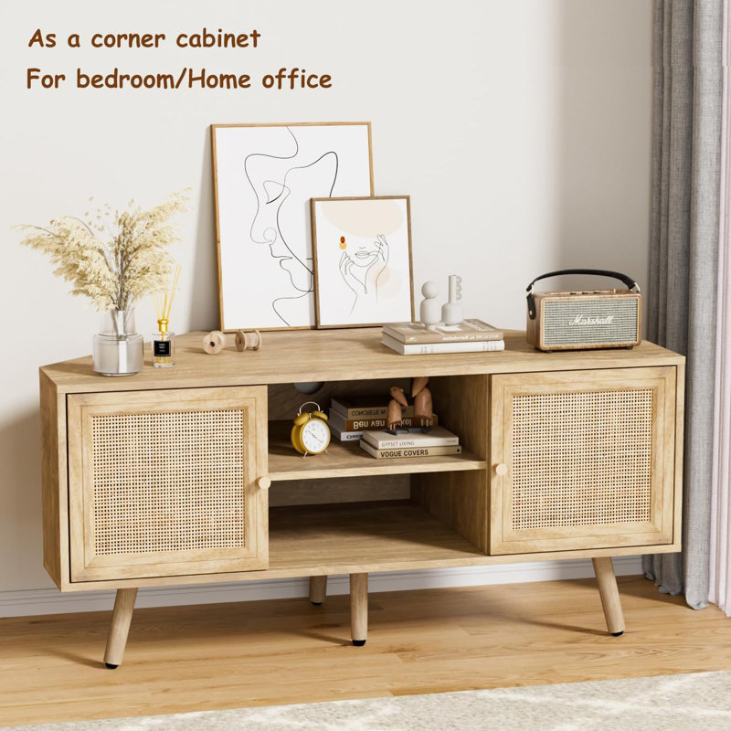 55" Corner TV Stand With Rattan Doors and Storage