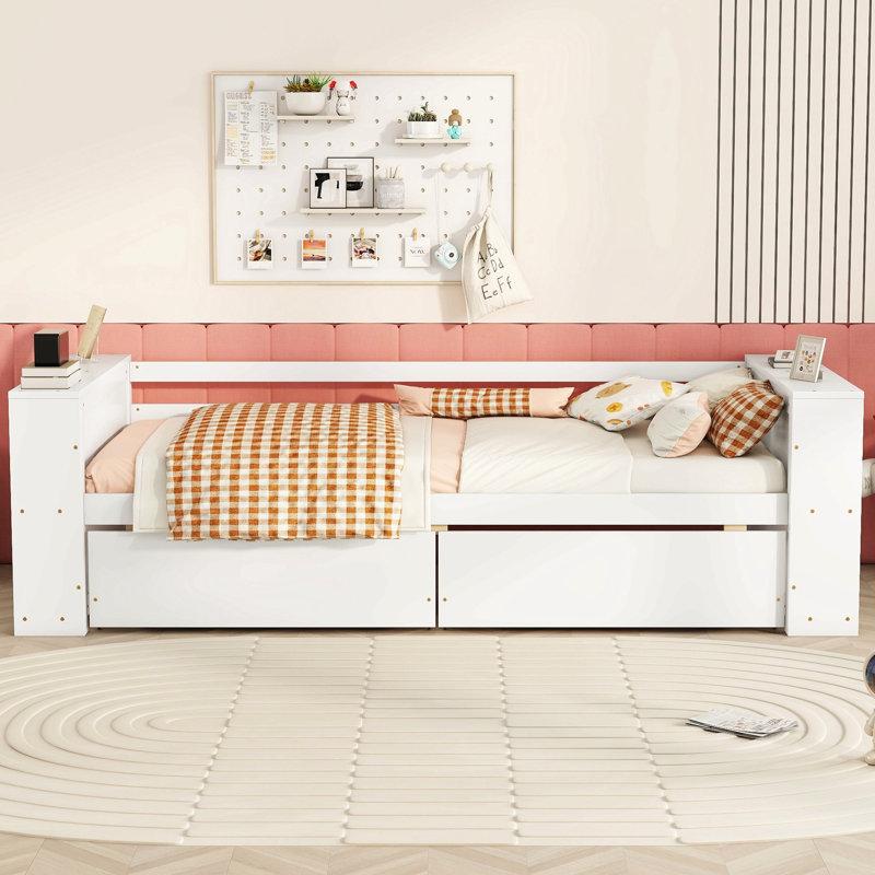 Lit de jour simple avec tablettes et tiroirs, Blanc