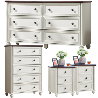 Farmhouse 4-Piece Bedroom Furniture Set with 6 Drawer Dresser, 5 Drawer Chest and Nightstands, Wood Roman Column Storage Set for Bedroom, Living Room, and Hallway