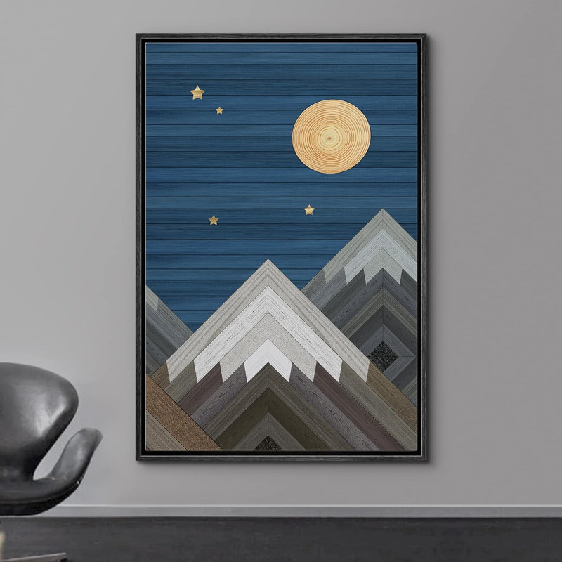Bois effet montagnes lune paysage naturel formes abstraites moderne art mural rustique salon, Cadre flottant noir