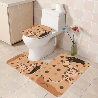 Dachshund Dog Polka Dot Print 3 Pack Shower Bathroom Rug Kit Brown