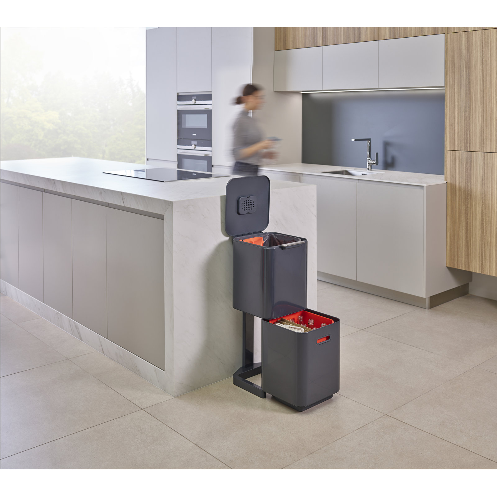 Joseph Joseph Totem Waste & Recycling Dual Kitchen Trash Can, Graphite, 10.60 US Gallons