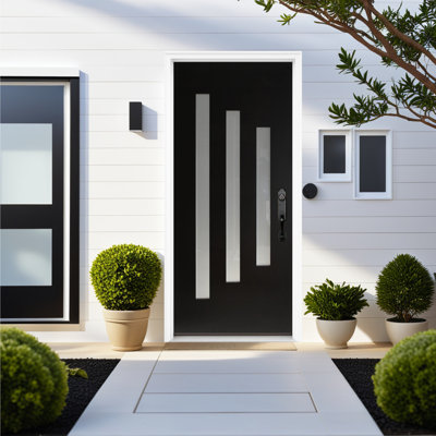 Porte d'entrée contemporaine en fibre de verre noir à 3 verres avec cadre en brique et vinyle 36 po x 80 po Contemporary