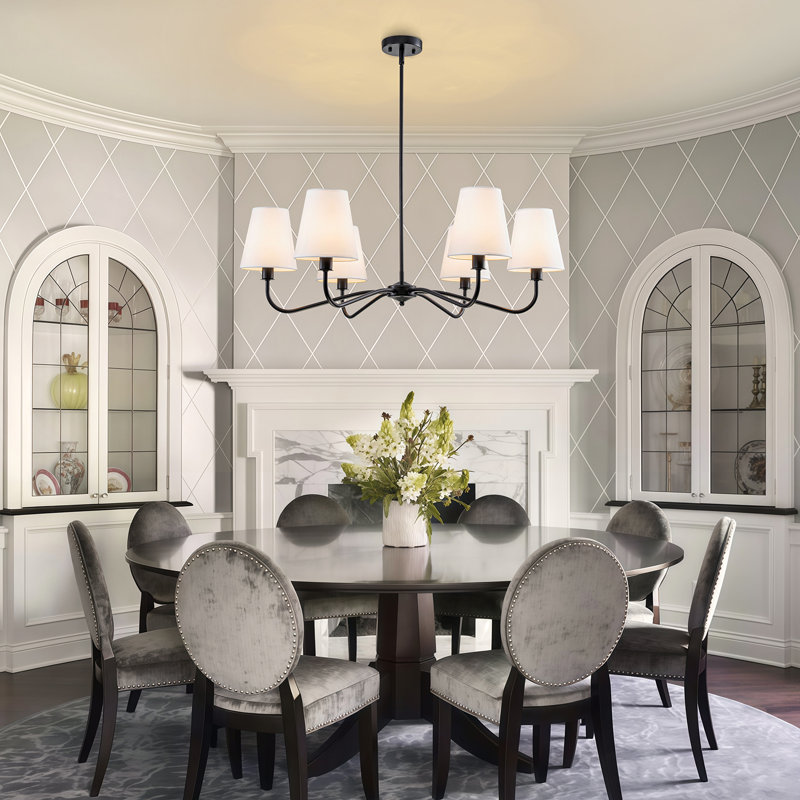 36”w Classic Chandelier With White Linen Shades, Matte Black