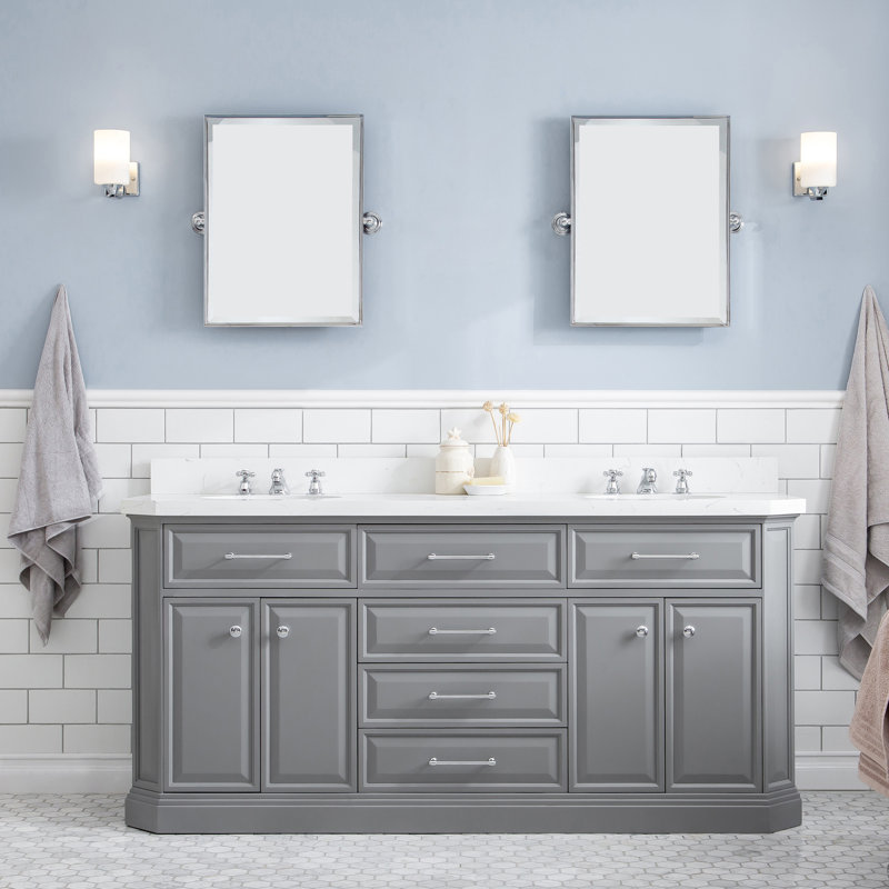 72" Palace Collection Quartz Carrara Cashmere Grey Bathroom Vanity Set With Hardware And F2-0012 Faucets in Chrome Finish