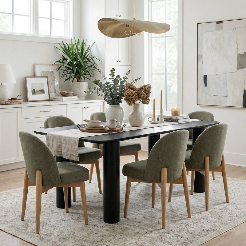 67" Rectangular Solid Oak Wood Pillar Leg Dining Table For 6, Black