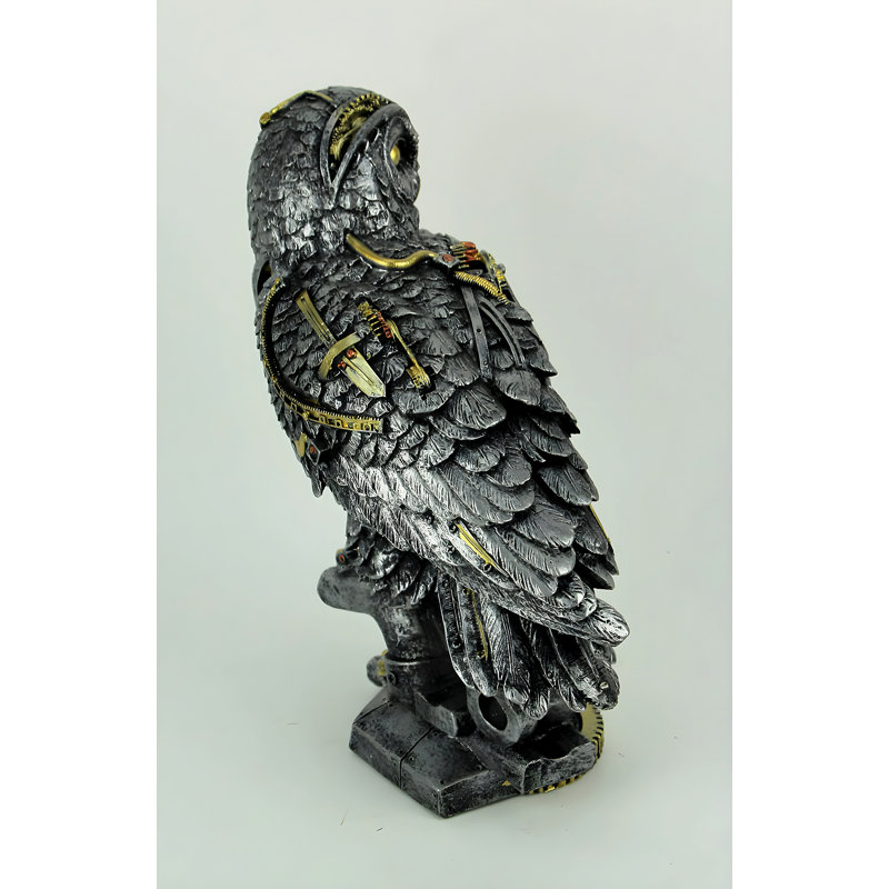 Hibou décoratif gothique steampunk en résine argentée, dorée et cuivrée, 28 cm de hauteur