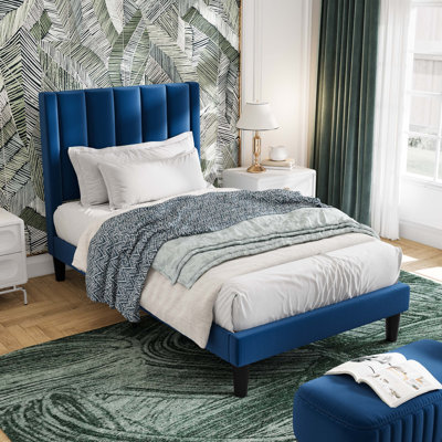 Cleo Modern Velvet Upholstered Platform Bed with Headboard, No Box Spring Needed