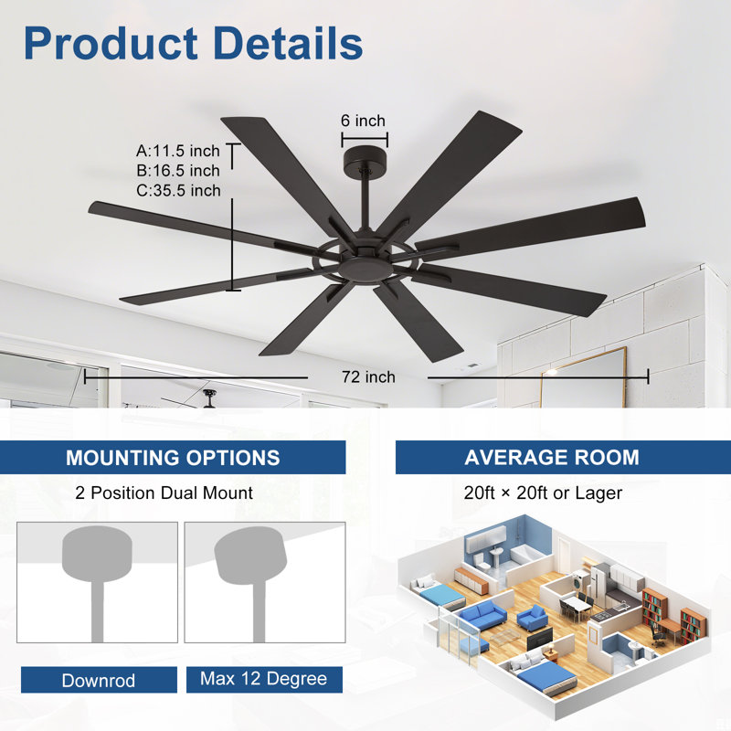 72 Inch Large Ceiling Fan, Modern 8-Blade Walnut and Wood Grain Indoor Outdoor Fans with Remote App Control, Quiet DC Motor Reversible 6 Speed Timer(Excluding bulb)