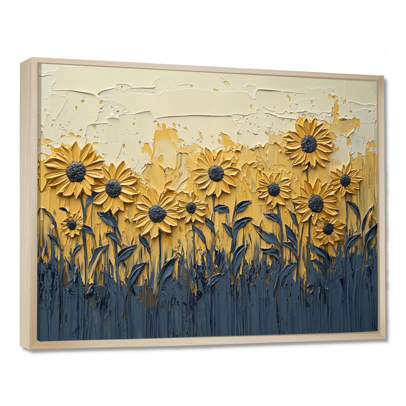 «Paint Effect On Golden Glow Sunflowers I» - art mural tournesols, H 34 po x l 44 po, Impression encadrée flottante
