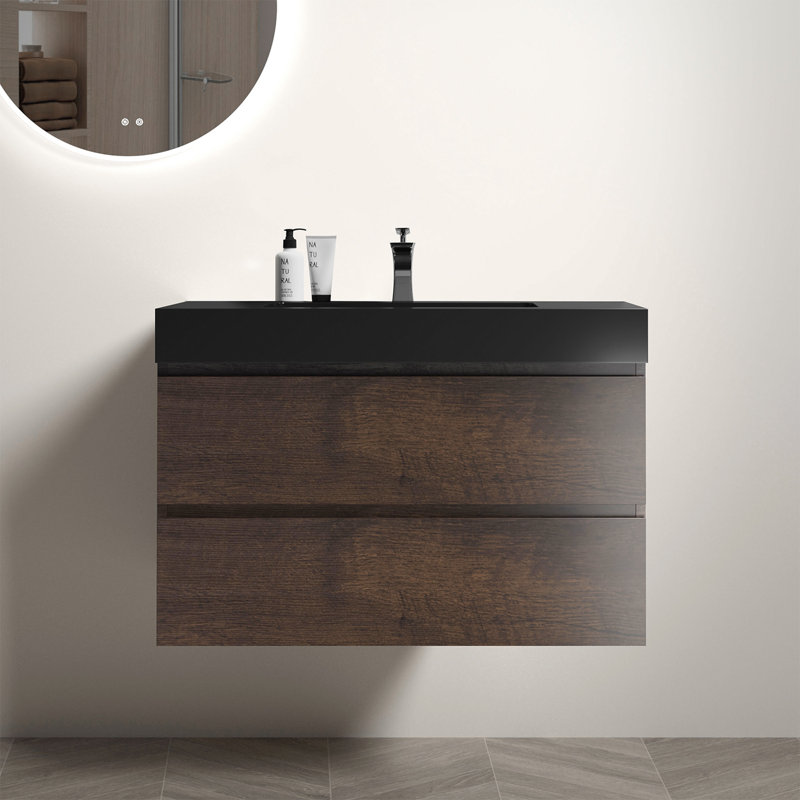  Meuble-lavabo à simple cuve flottante avec surface intégrée, Noyer, 36 po, Noir