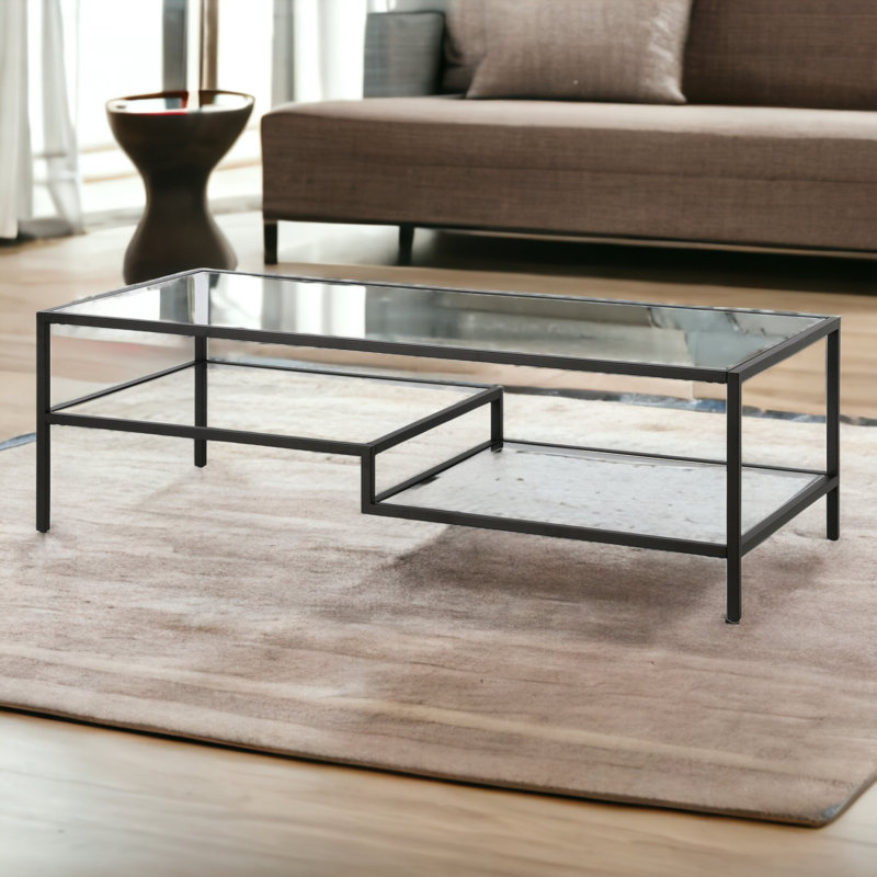 Lovett Glass and Steel Coffee Table with Two Shelves, Blackened Bronze, 17" H x 54" L x 24" W