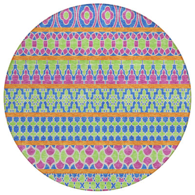 8' Blush Blue And Lime Green Round Quatrefoil Washable Indoor Outdoor Area Rug