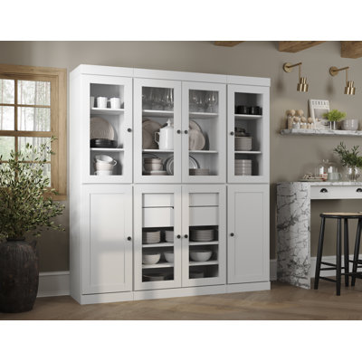 Vaisselier 100% bois massif 65 po avec verre transparent, portes Shaker, 2 tiroirs et tablettes réglables
