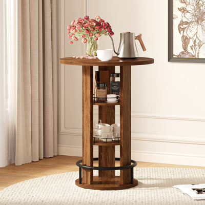 Round Bar Height Table With Storage And Footrest, Wooden Pub Cocktail For Home Bar, Kitchen, Small Space, Rustic Brown