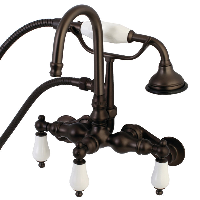 Kingston Brass Aqua Vintage Three-Handle 2-Hole Tub Wall Mount Clawfoot Tub Faucet with Hand Shower, Oil Rubbed Bronze
