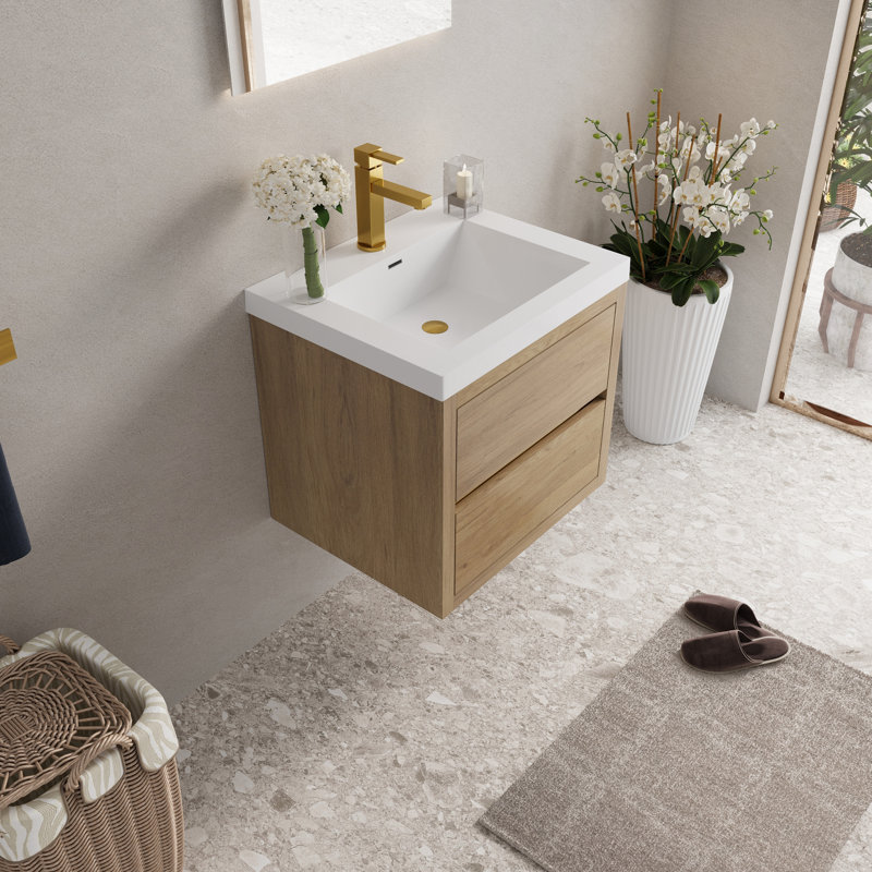 Meuble-lavabo mural de 24 po avec comptoir en résine de pierre et mécanisme de tiroir à fermeture en douceur, bois d'ingénierie entièrement assemblé dans une teinte chêne, amplement d'espace pour les articles essentiels, profondeur de 23,61 po, profondeur de produit 28,5 po